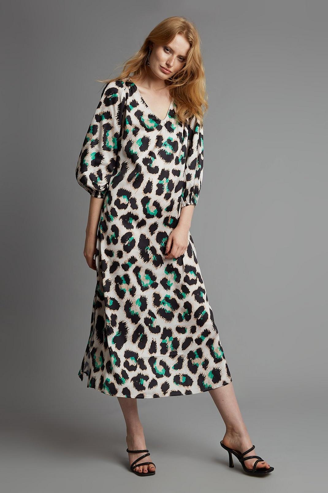 Cream Green Leopard Satin Volume Sleeve Midi Dress image number 1