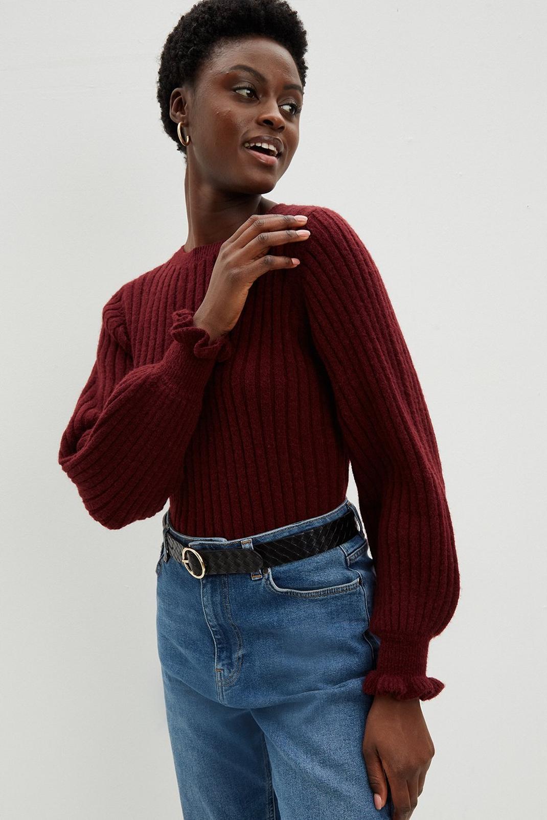 Oxblood Ribbed Frill Cuff Jumper image number 1