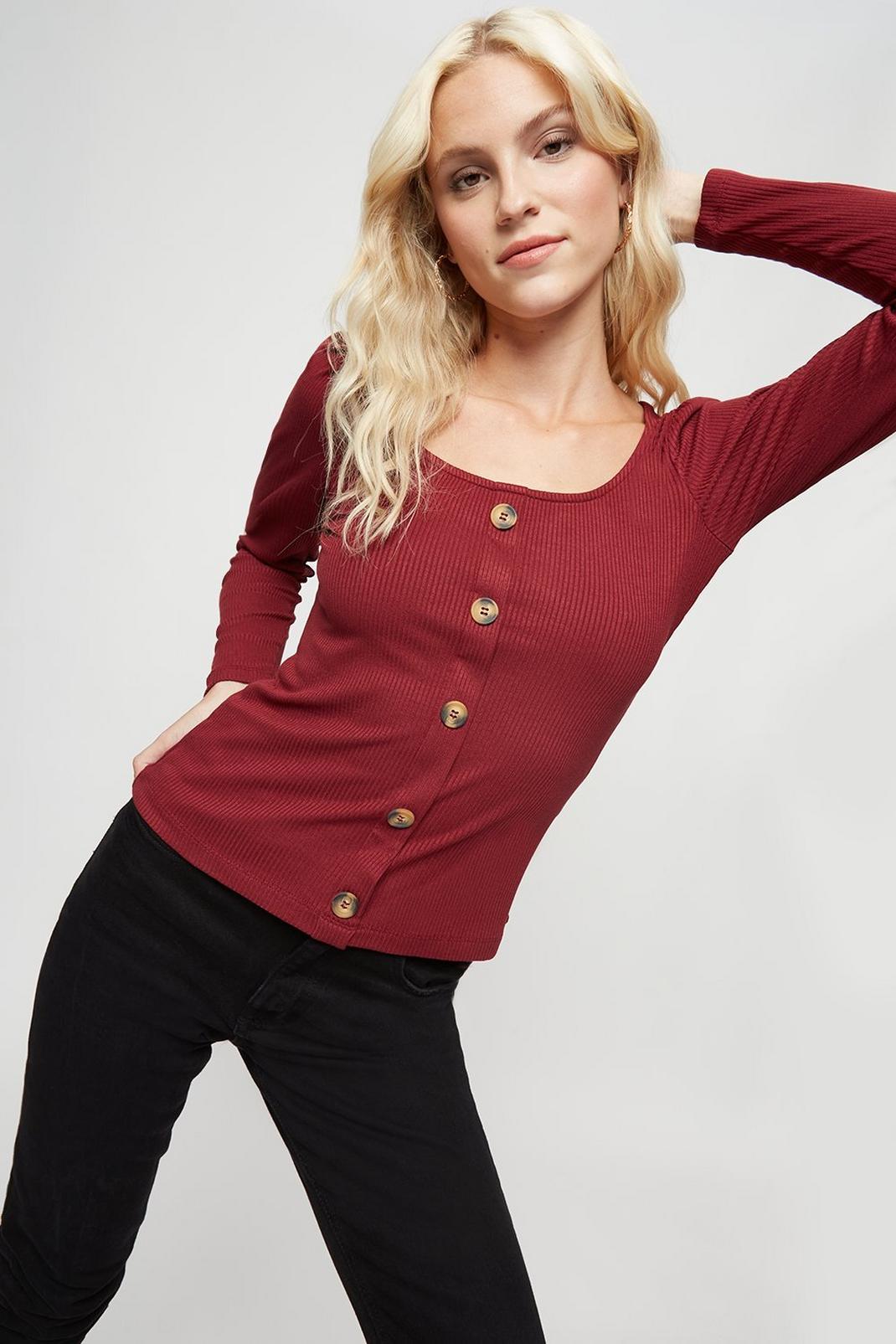 294 Long Sleeve Rib Button Through Top image number 1