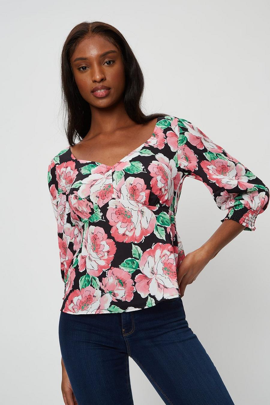 Tall Pink Floral Puff Sleeve Tie Back Top