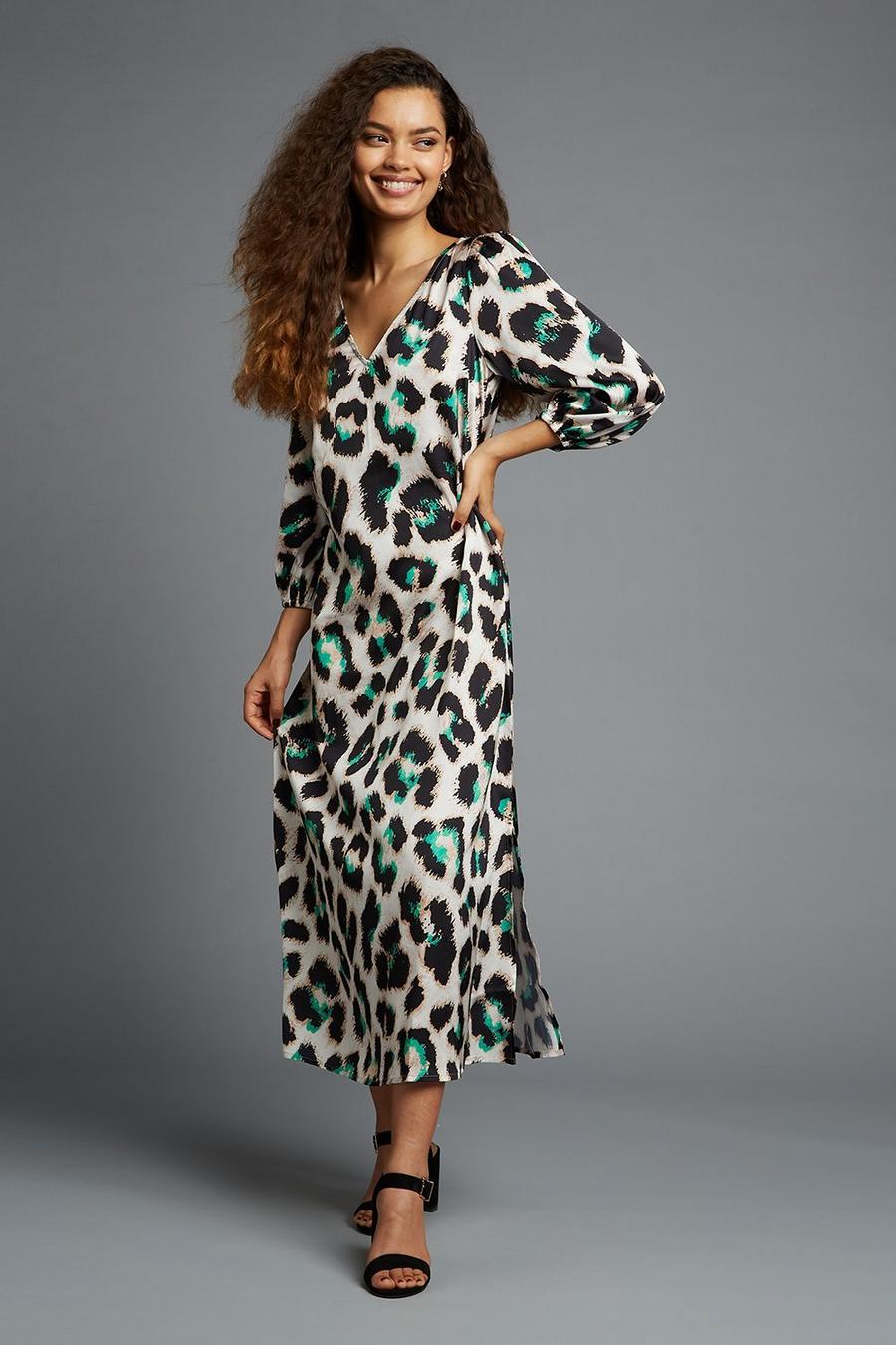 Petite Leopard Satin Sleeved Midaxi Dress