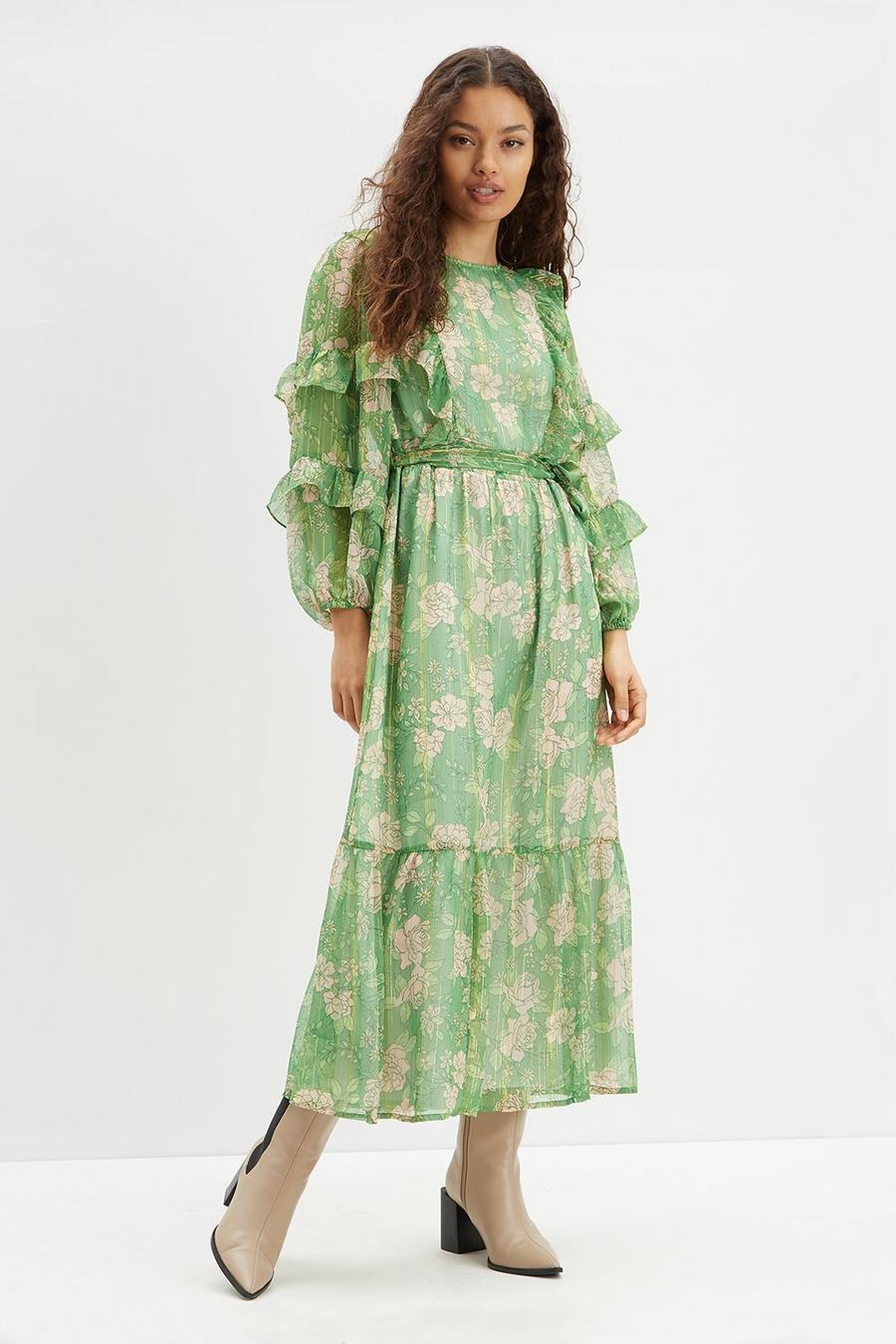 Petite Green Floral Ruffle Midaxi Dress