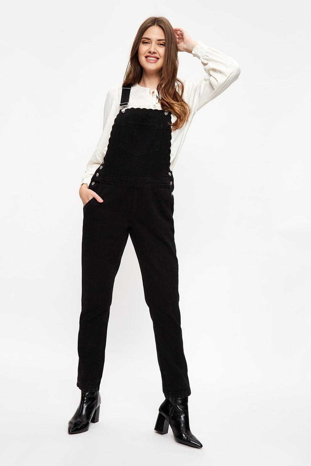 105 Tall Black Scallop Edge Dungarees image number 1