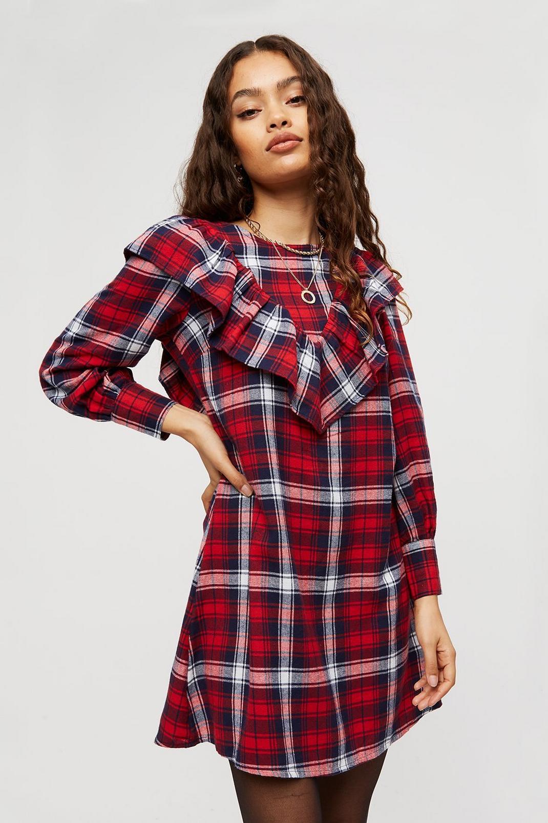 157 Tall Red Check Ruffle Mini Dress image number 1