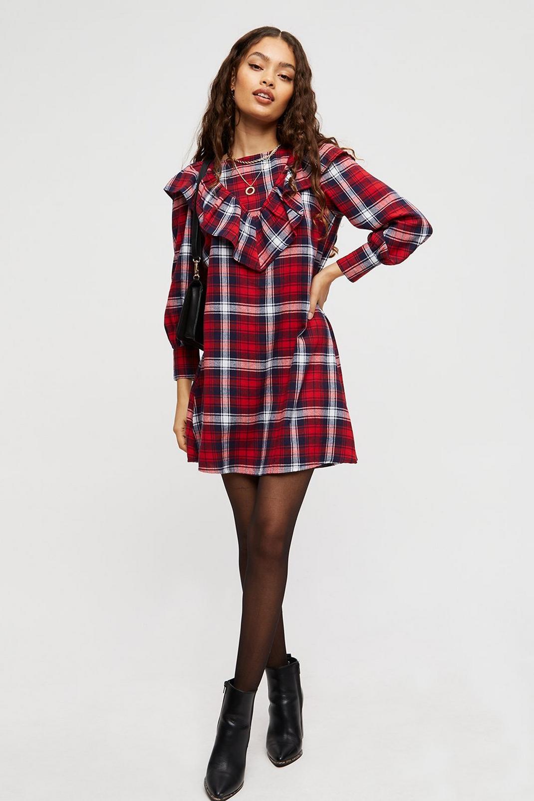 157 Tall Red Check Ruffle Mini Dress image number 2