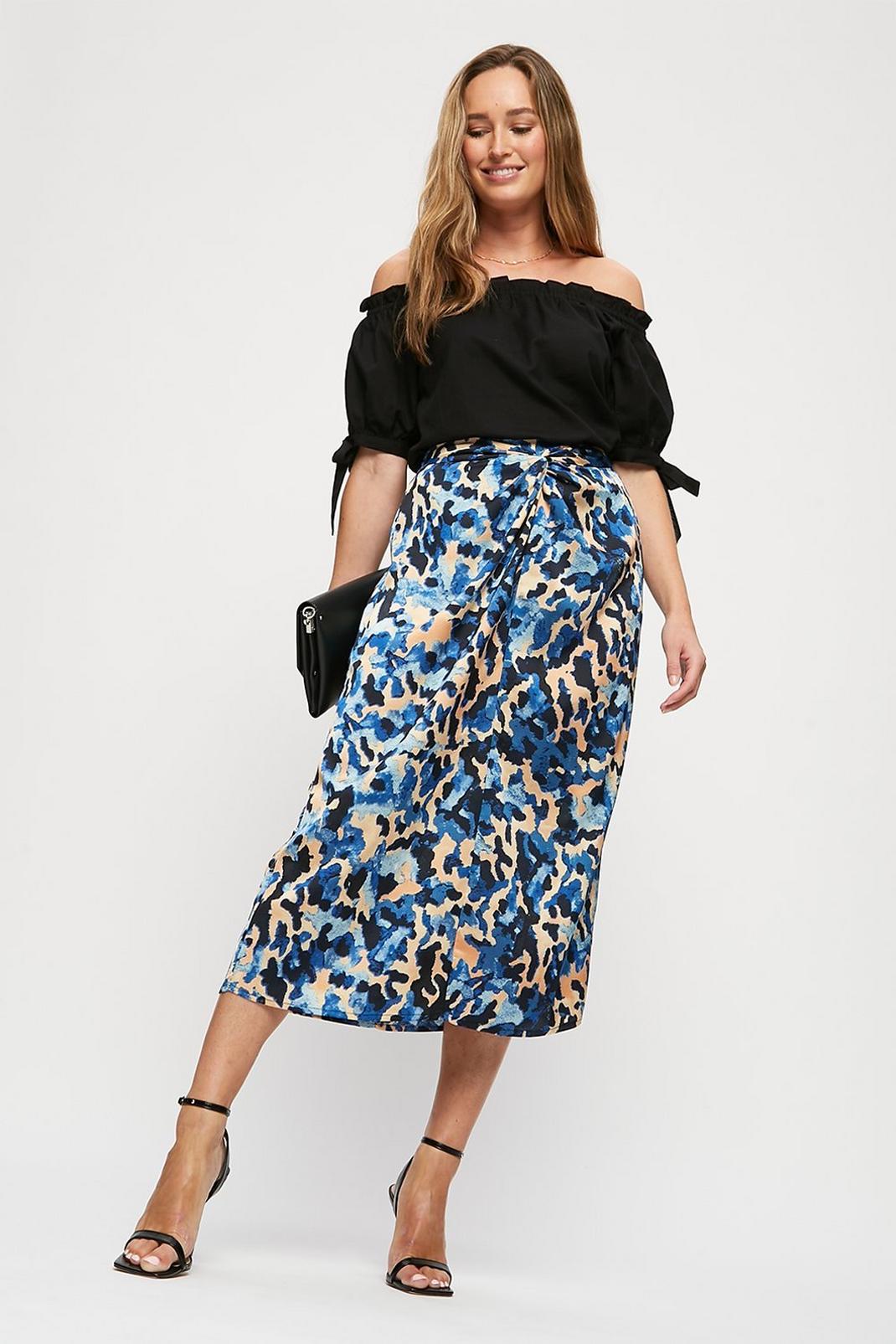 106 ?Blue Marble  Knot Front Satin Midi Skirt image number 1