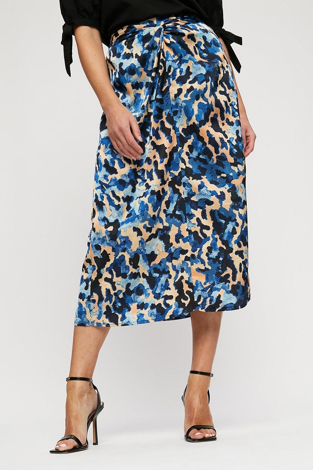 106 ?Blue Marble  Knot Front Satin Midi Skirt image number 2