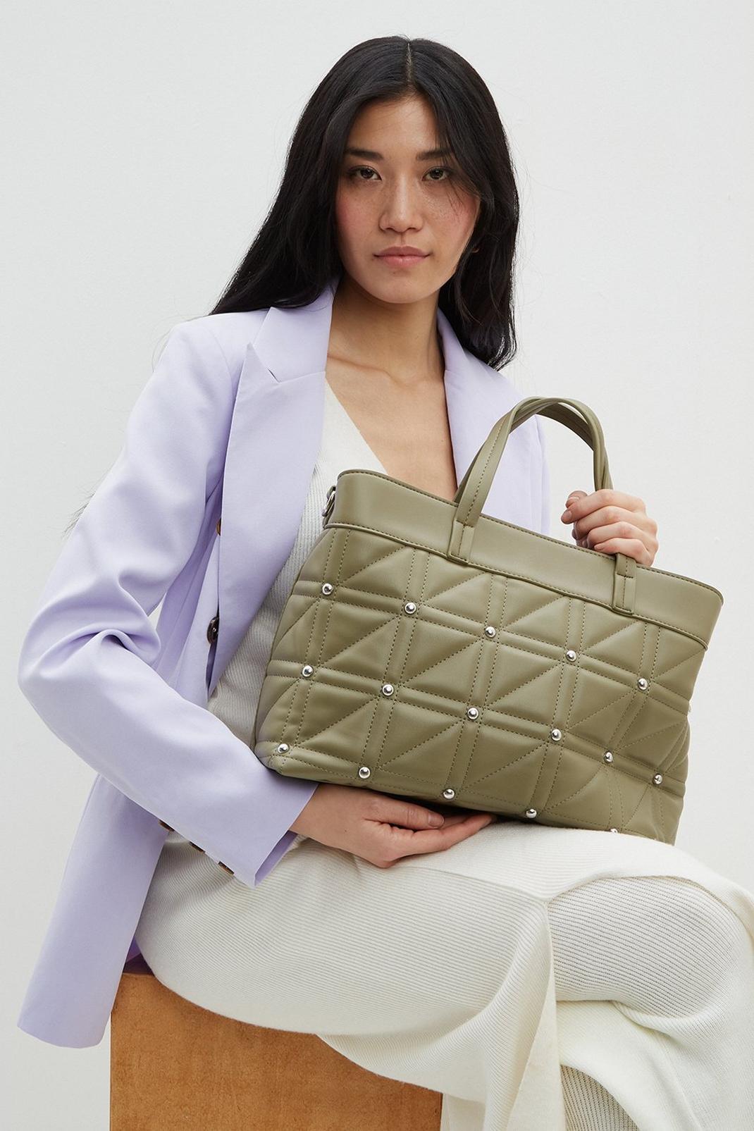 Khaki Quilted Stud Workwear Tote image number 1