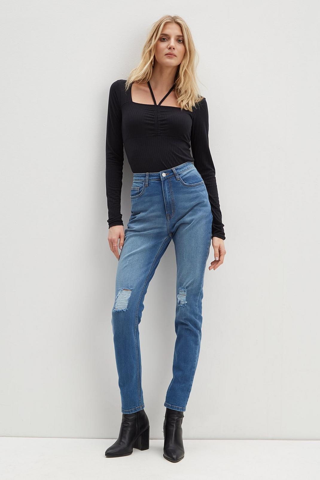 Authentic midwash Tall Midwash Ripped Knee Mom Jeans image number 1