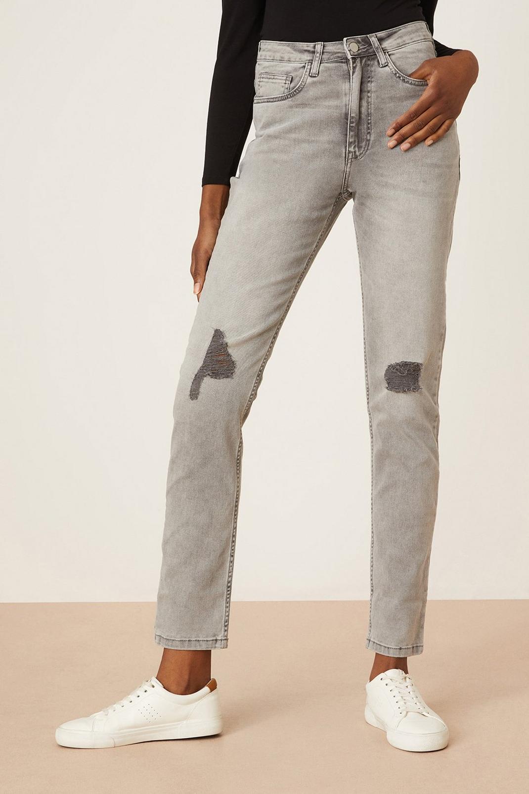 Tall Grey Ripped Detail Mom Jeans image number 1