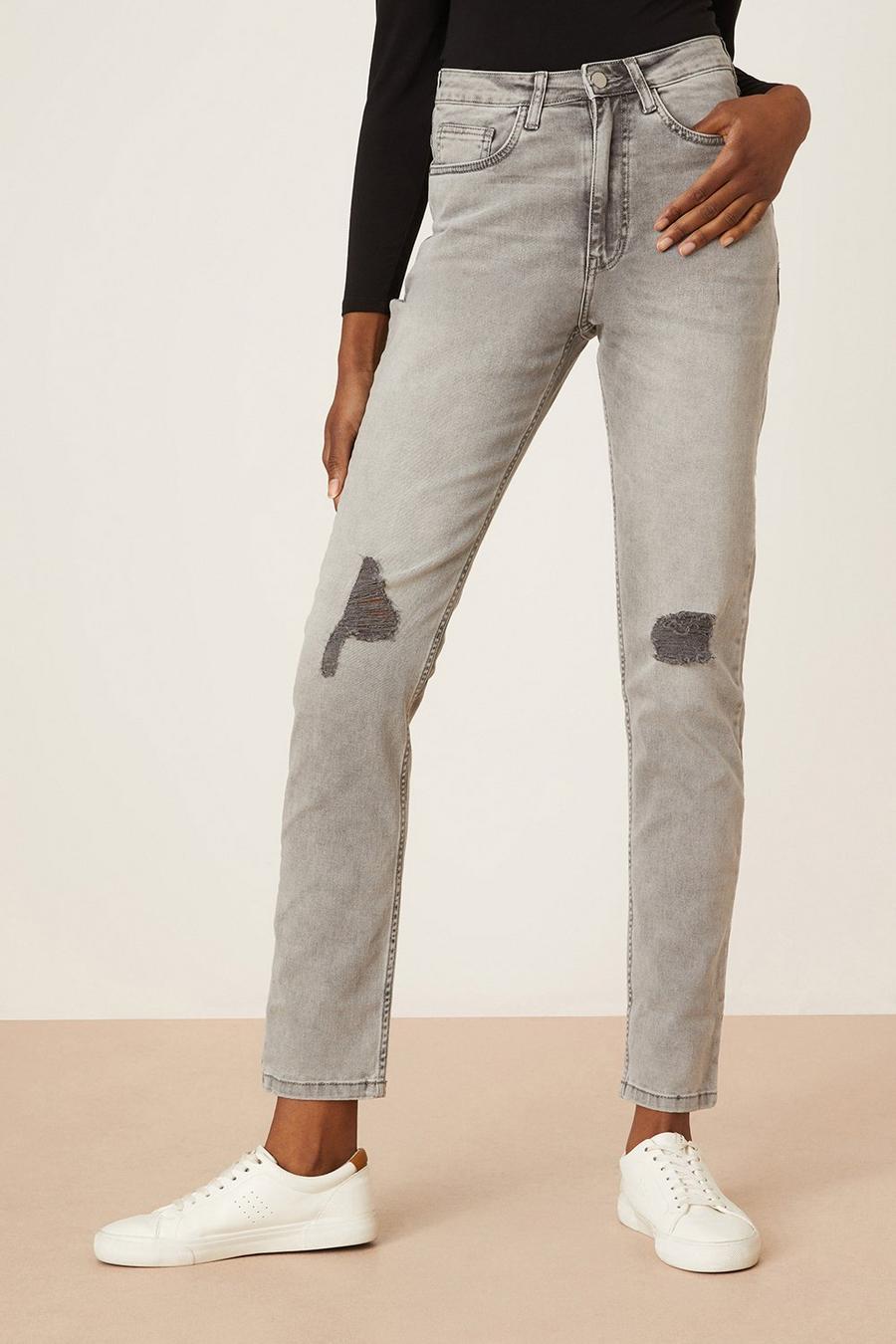 Tall Grey Ripped Detail Mom Jeans