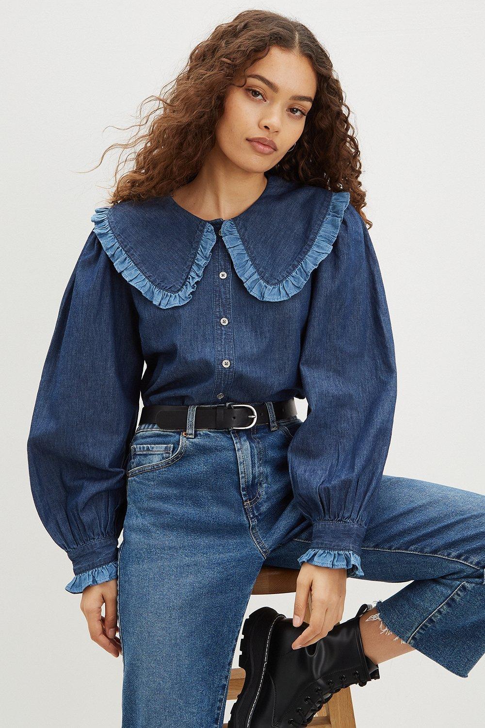 petite denim shirts & tops