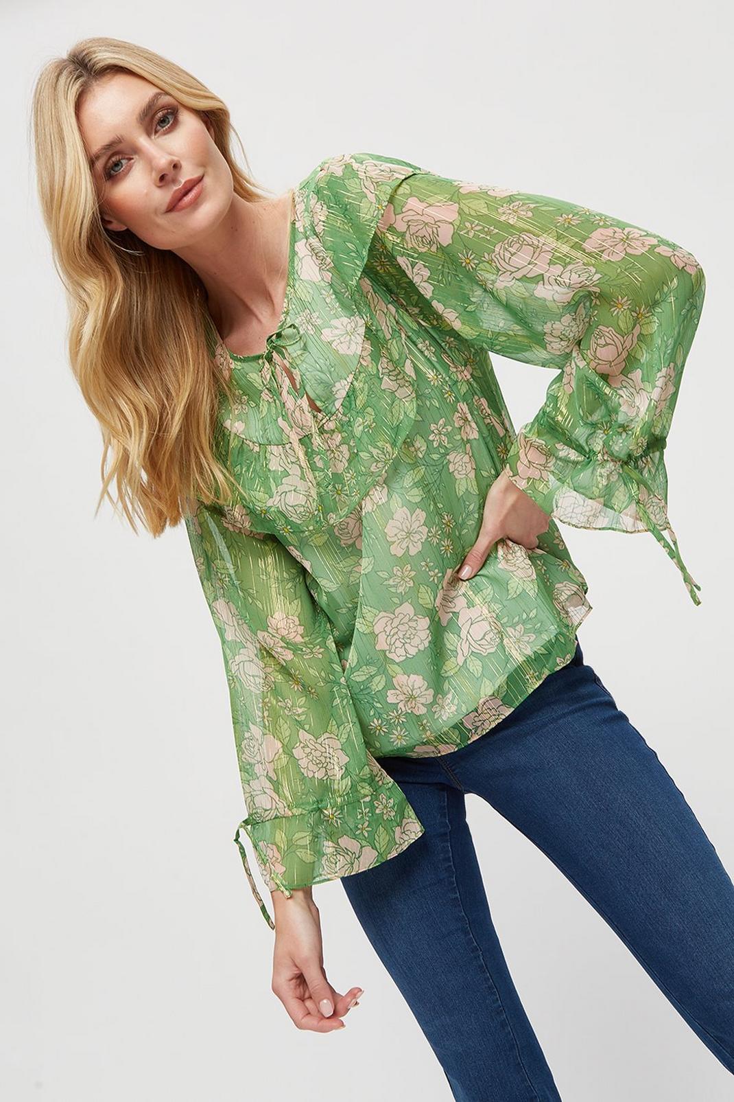 130 Large Green Floral Stripe Chiffon Ruffle Top image number 2