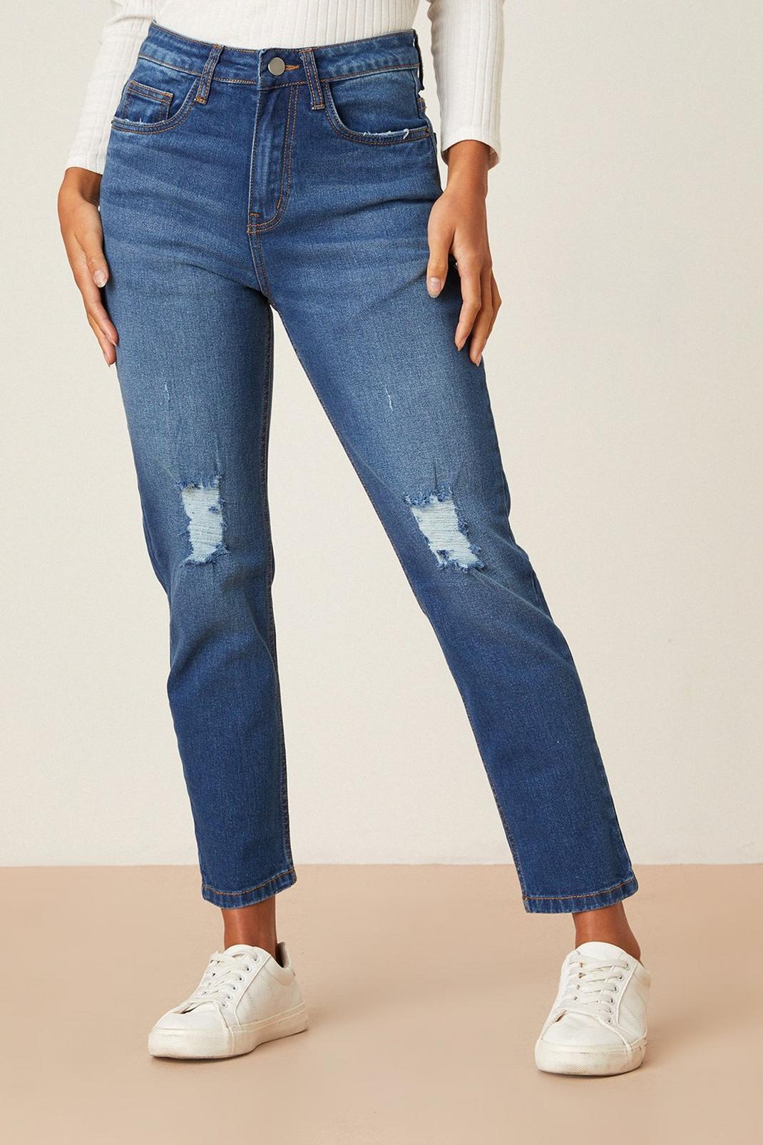 Mid wash Petite Midwash Ripped Mom Jeans image number 1