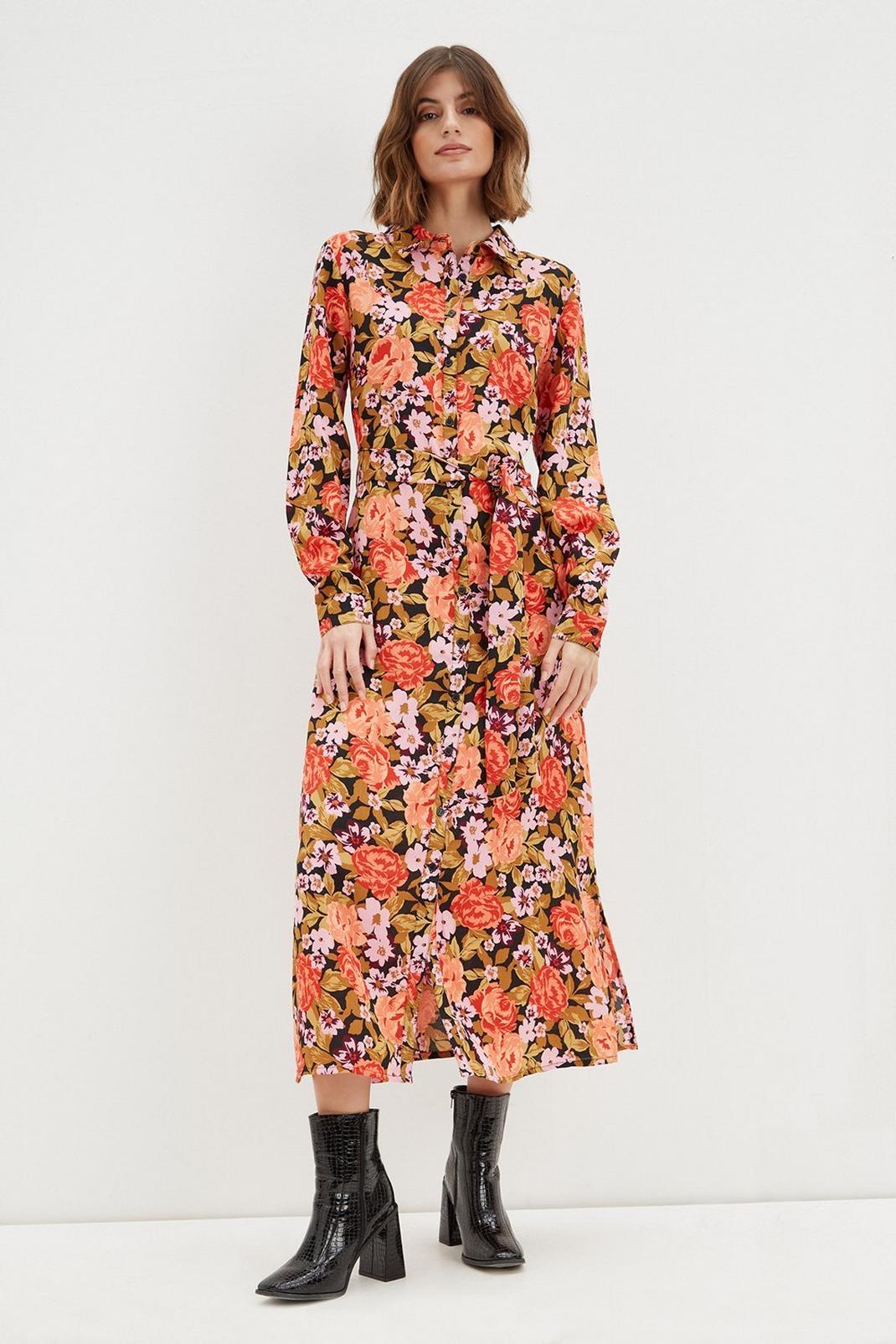 Multi Tall Floral Long Sleeve Shirt Midi Dress image number 1