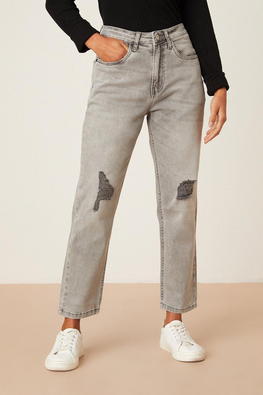Petite Grey Ripped Mom Jeans