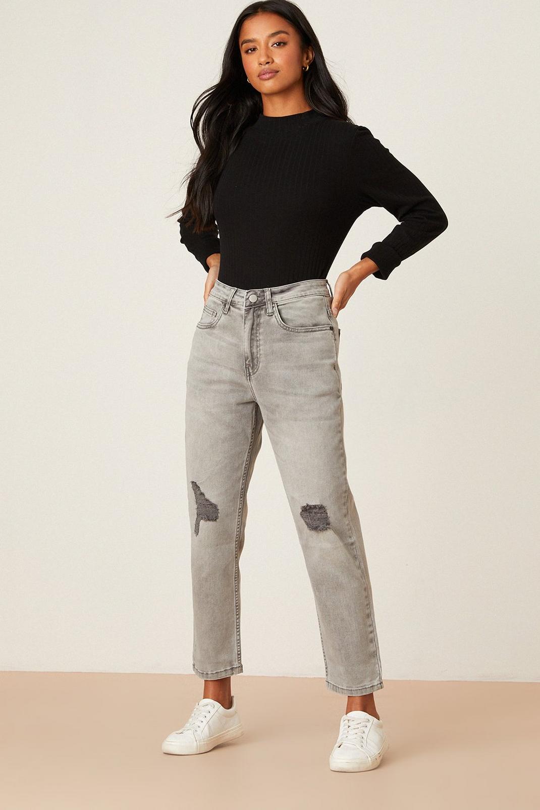 131 Petite Grey Ripped Mom Jeans image number 2