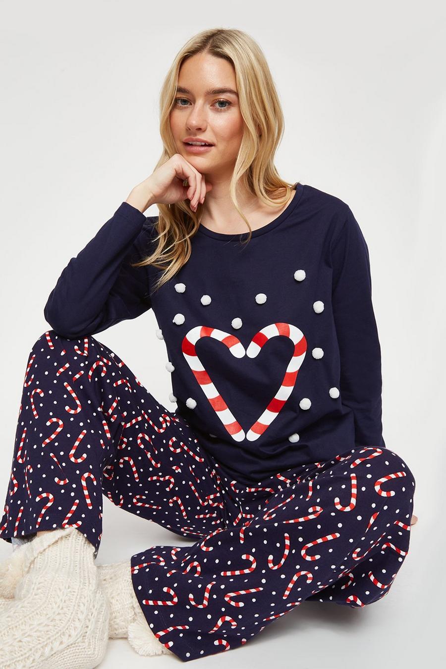 Navy Candy Cane Tee And Wide Leg Pant Set