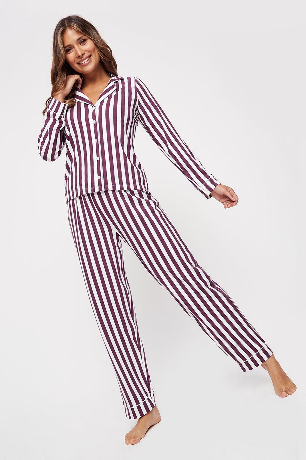 Berry Purple Stripe Revere Shirt And Wide Leg set image number 1