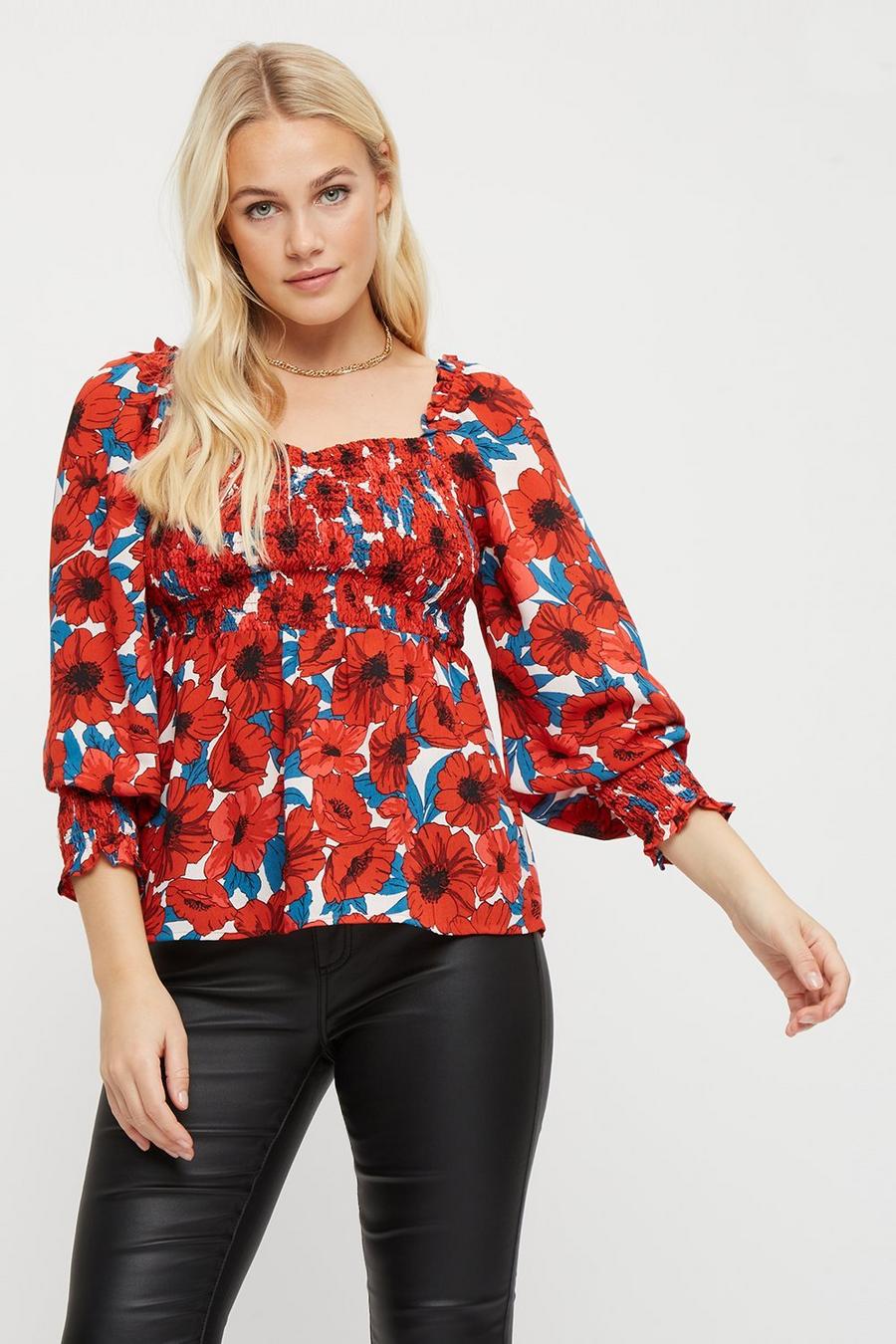 Red Floral Shirred Volume Sleeve Top