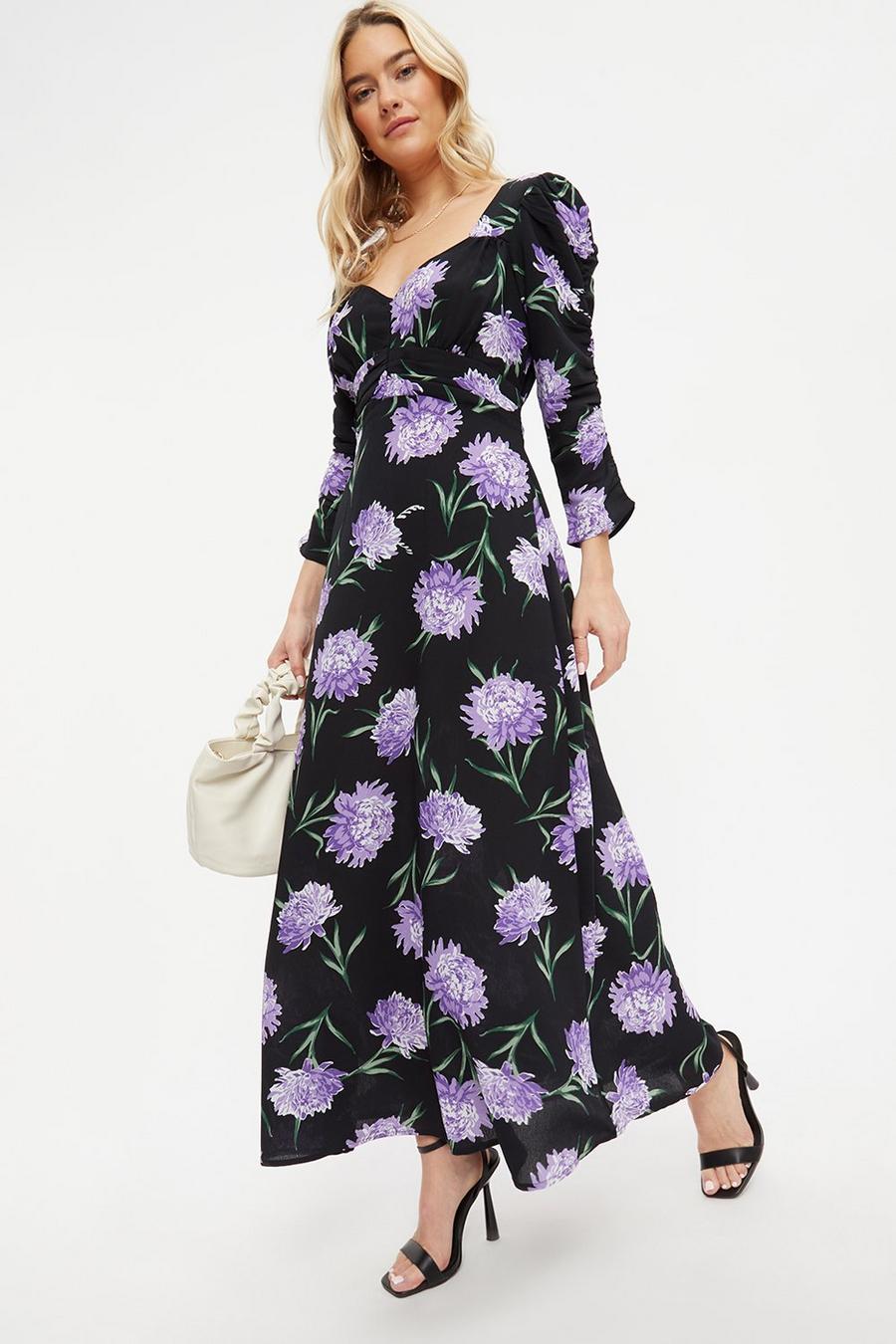 Purple Floral Ruched Sleeve Maxi Dress