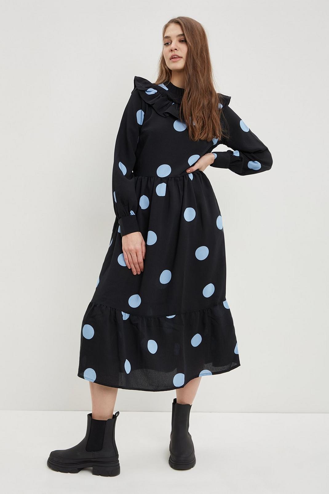 Black Blue Spot Print Ruffle Yoke Midi Dress image number 1