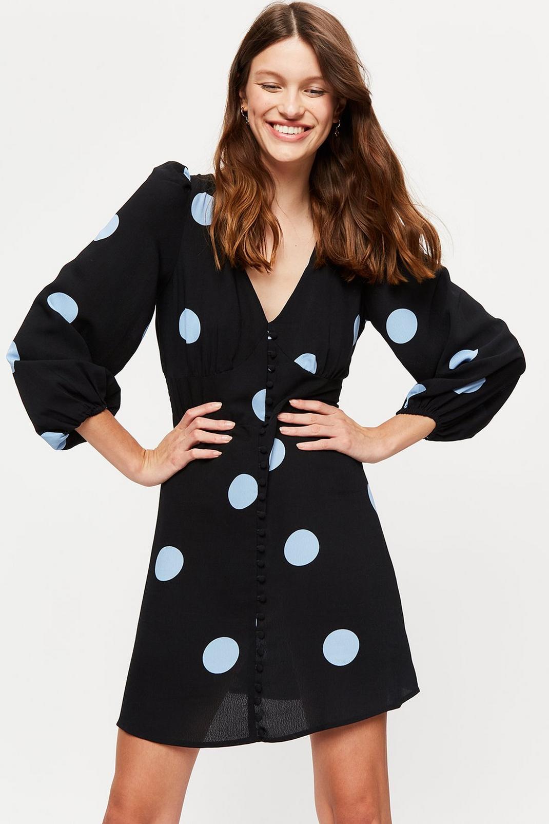 Black Blue Spot Print Button Through Mini Dress image number 1