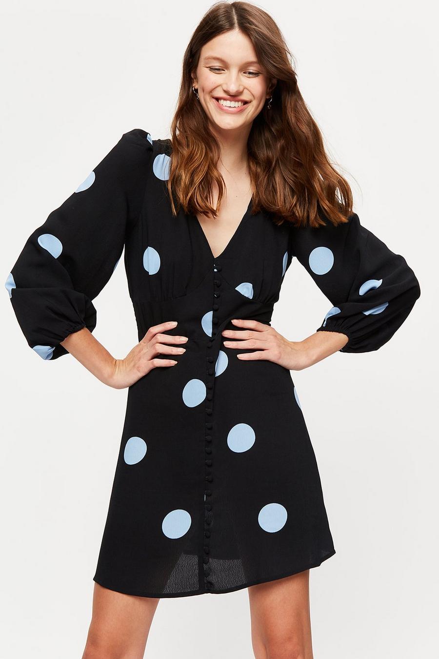 Blue Spot Print Button Through Mini Dress