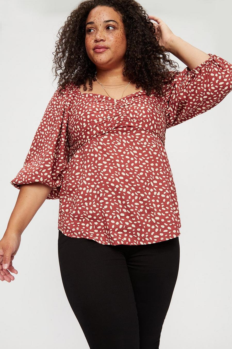 Curve Abtract Print Ruched Front Top