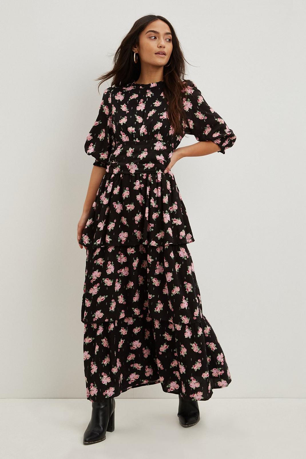 144 Petite Black Pink Rose Tiered Maxi Dress image number 1