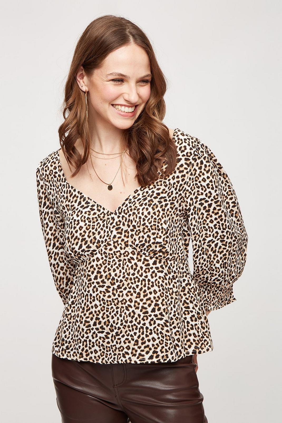 123 Leopard Tie Back Puff Sleeve Blouse image number 1