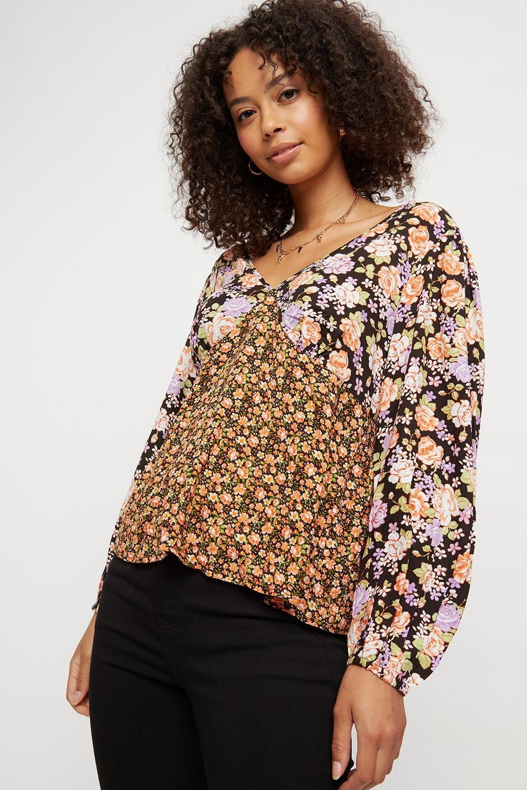152 Orange Floral Mix And Match Long Sleeve Top image number 2