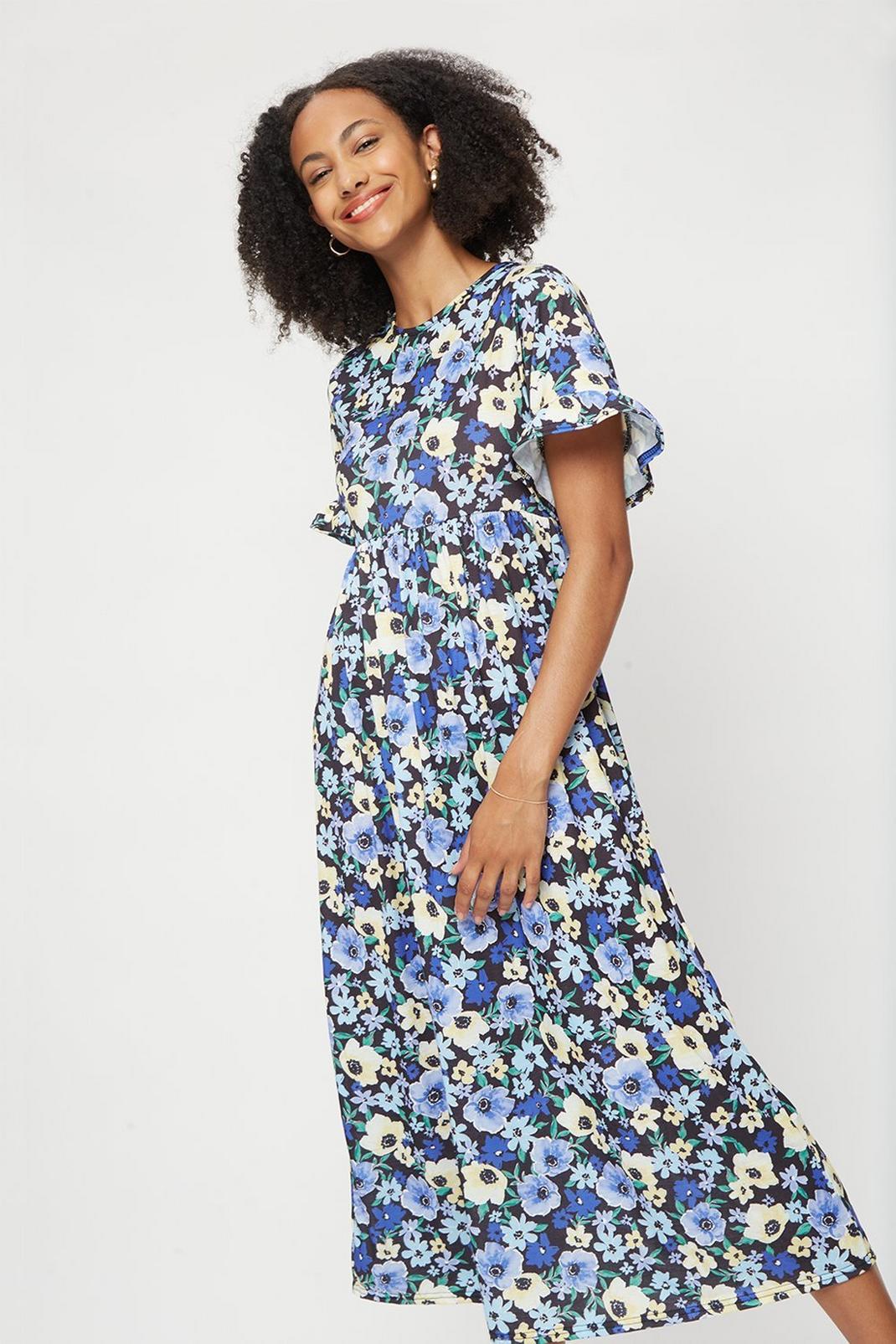 Multi Tall Blue Floral Jersey Midi Dress image number 1