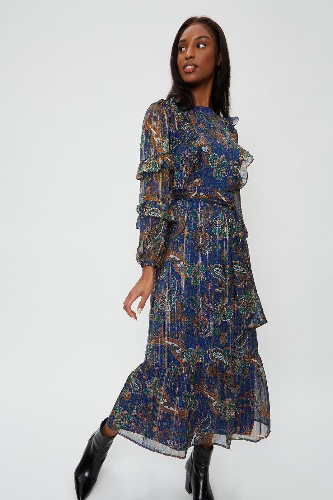 106 Tall Blue Paisley Ruffle Midaxi Dress image number 1