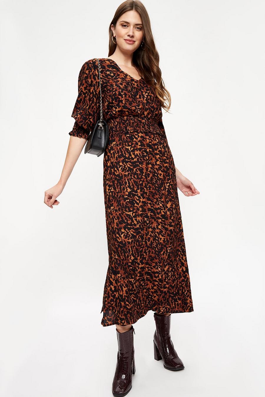 Tall Brown Animal Shirred Midi Dress