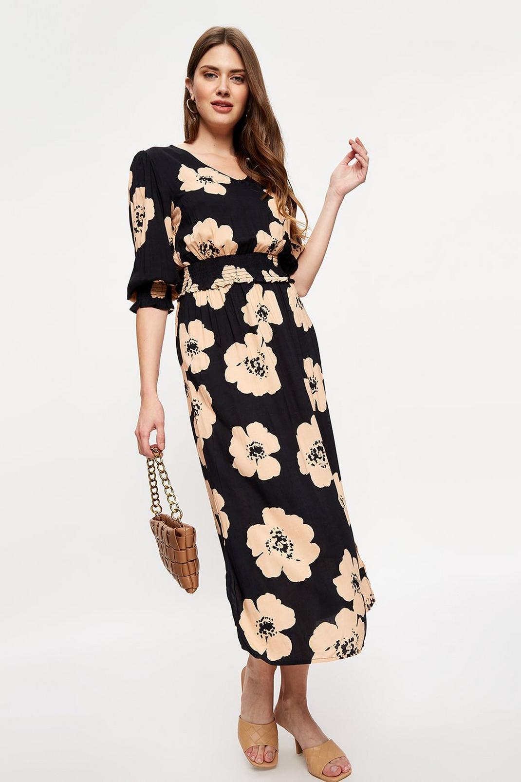 105 Tall Mono Large Floral Shirred Midi Dress image number 2