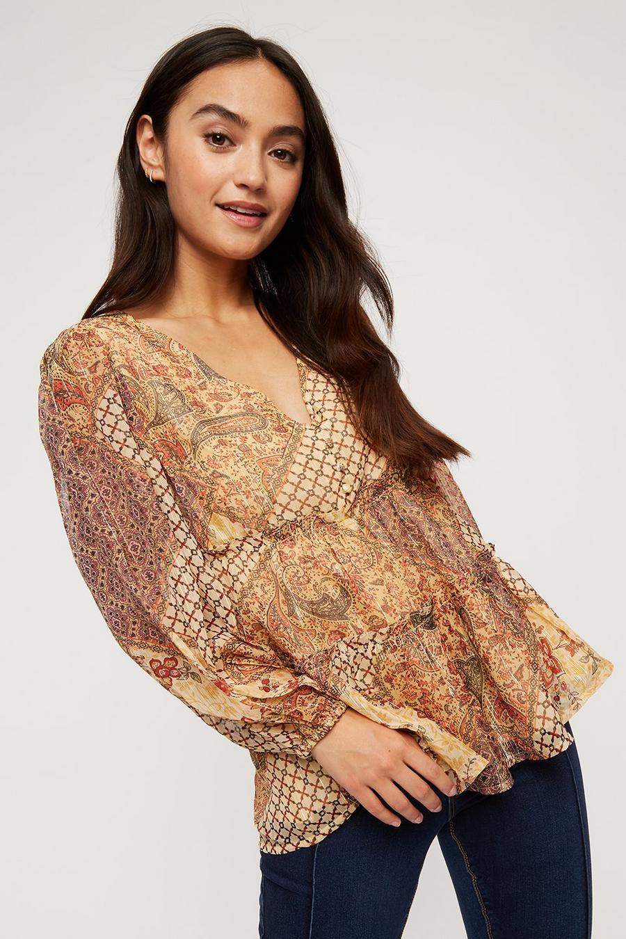 Petite Patchwork Paisley Stripe Tiered Top