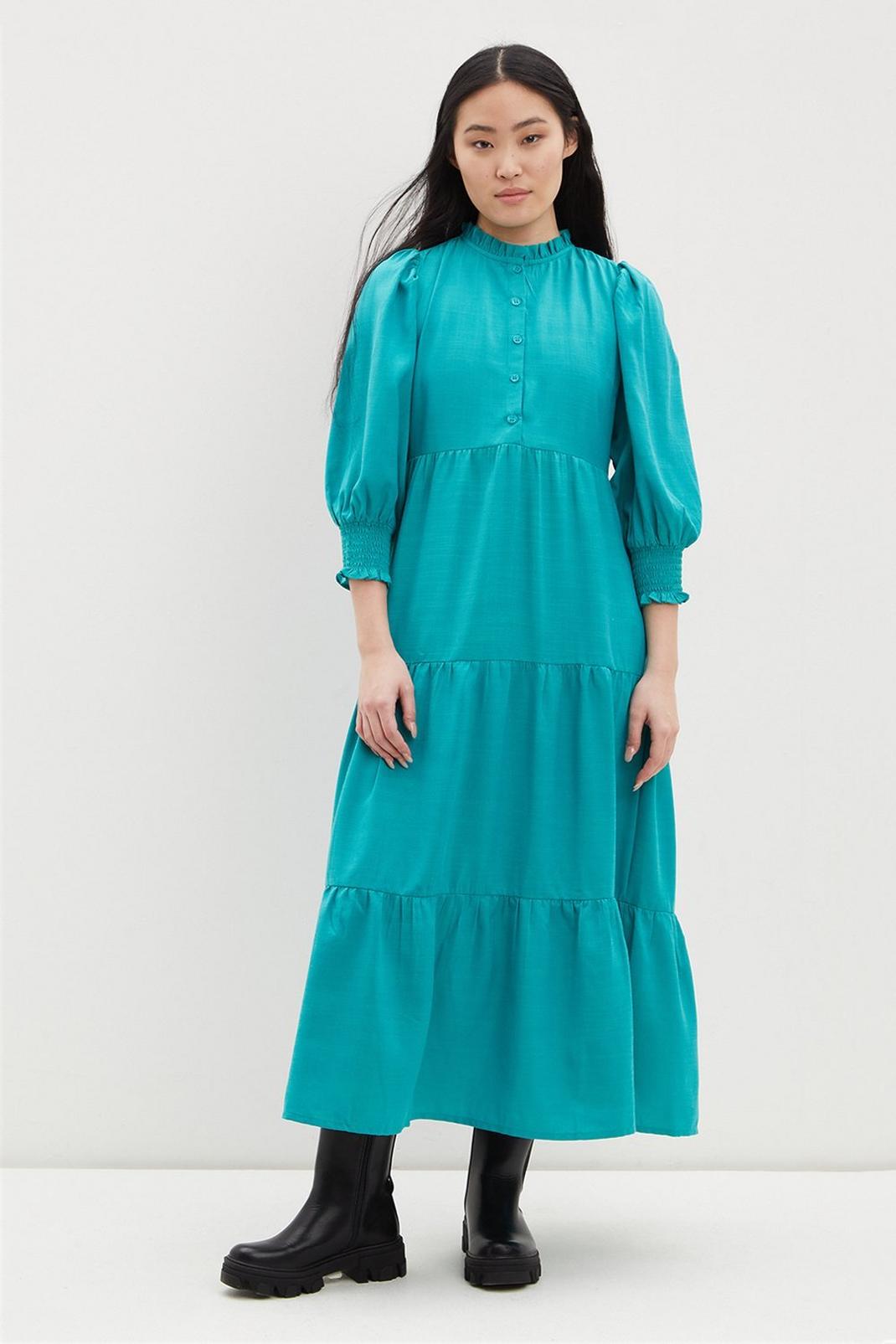 Green Petite High Neck Button Midi Dress image number 1