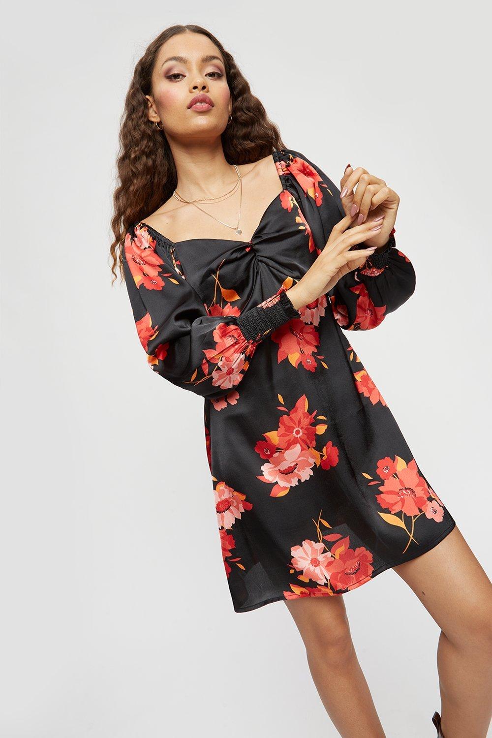 orange floral satin dress