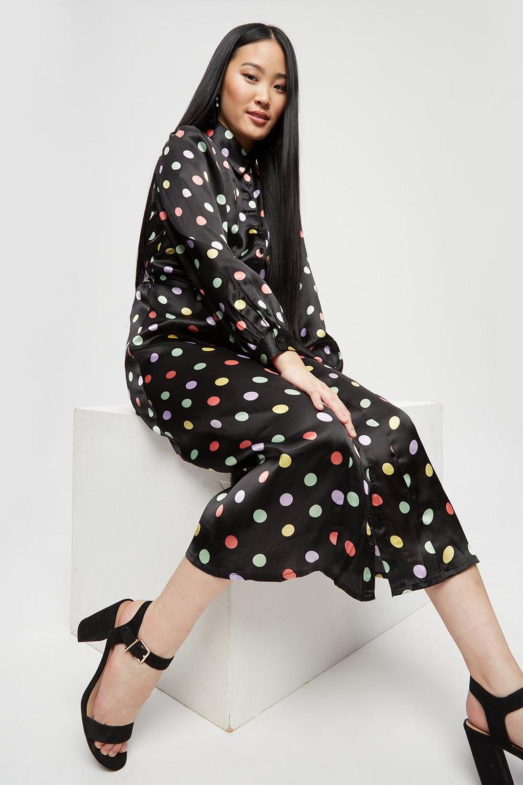 105 Petite Coloured Spot Satin Midi Shirt Dress image number 1