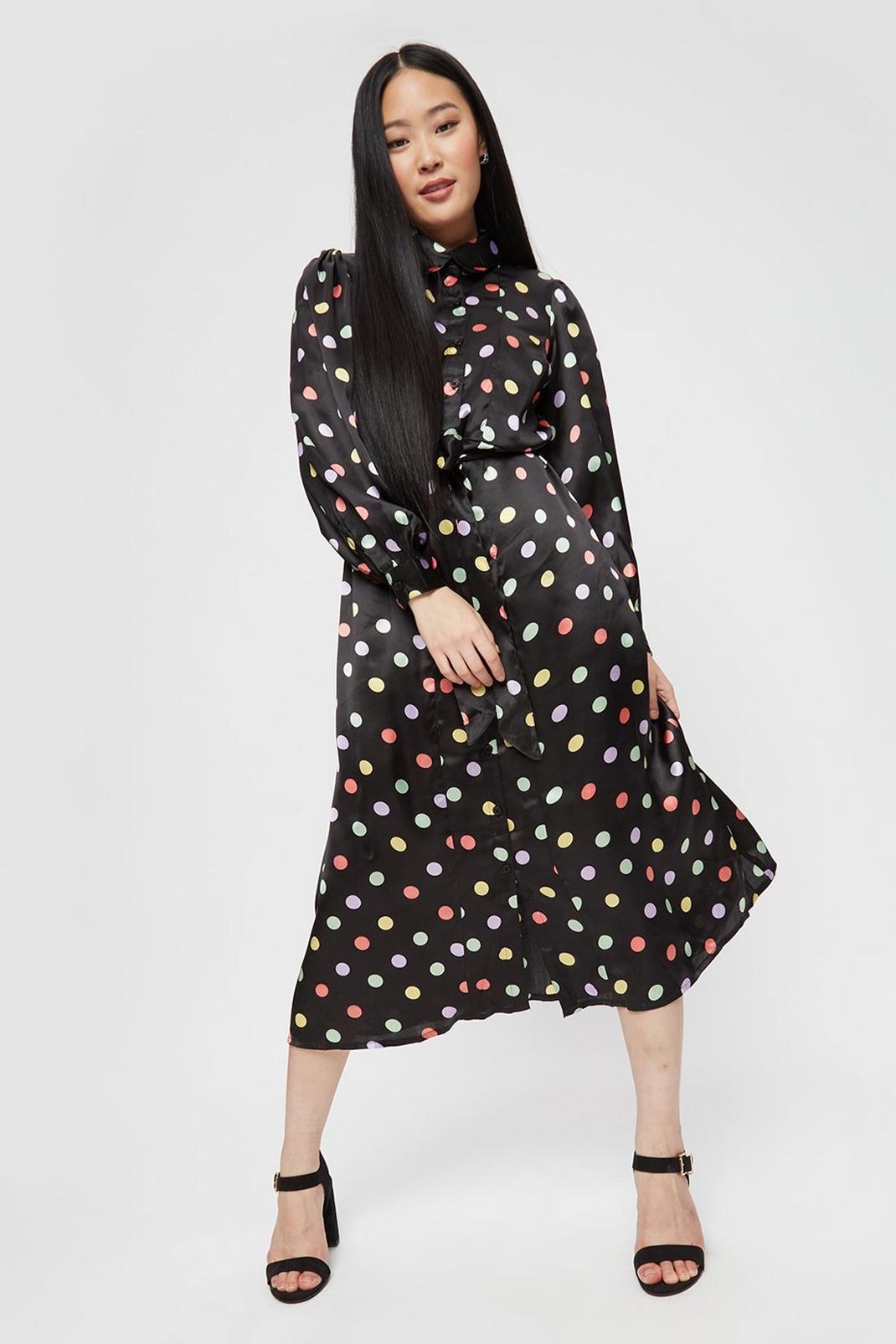 105 Petite Coloured Spot Satin Midi Shirt Dress image number 2