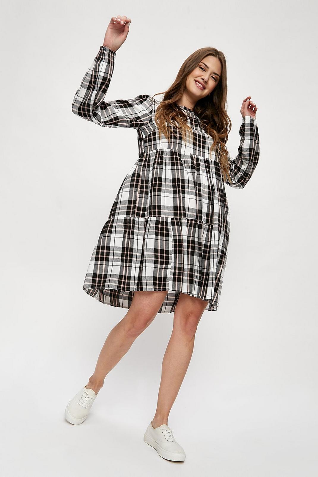 123 Tall Cream Black Check Tiered Smock Dress image number 2