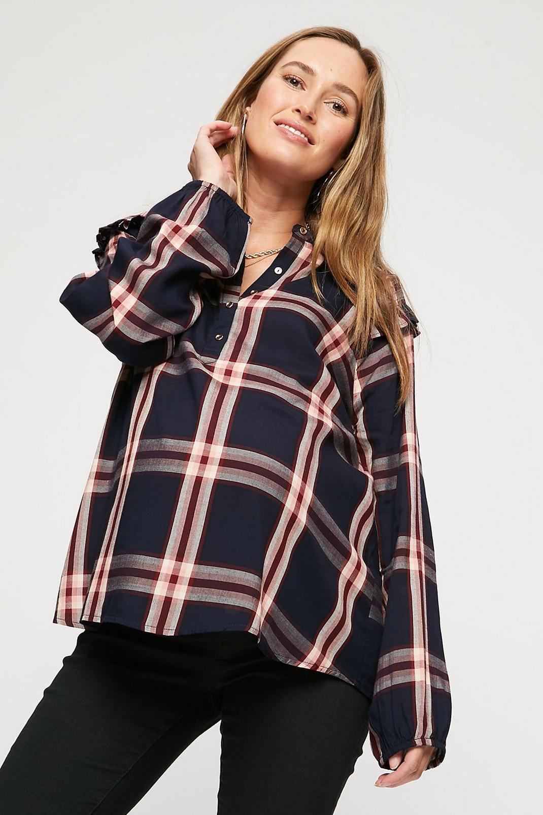 Maternity Navy Check Long Sleeve Frill Top image number 1