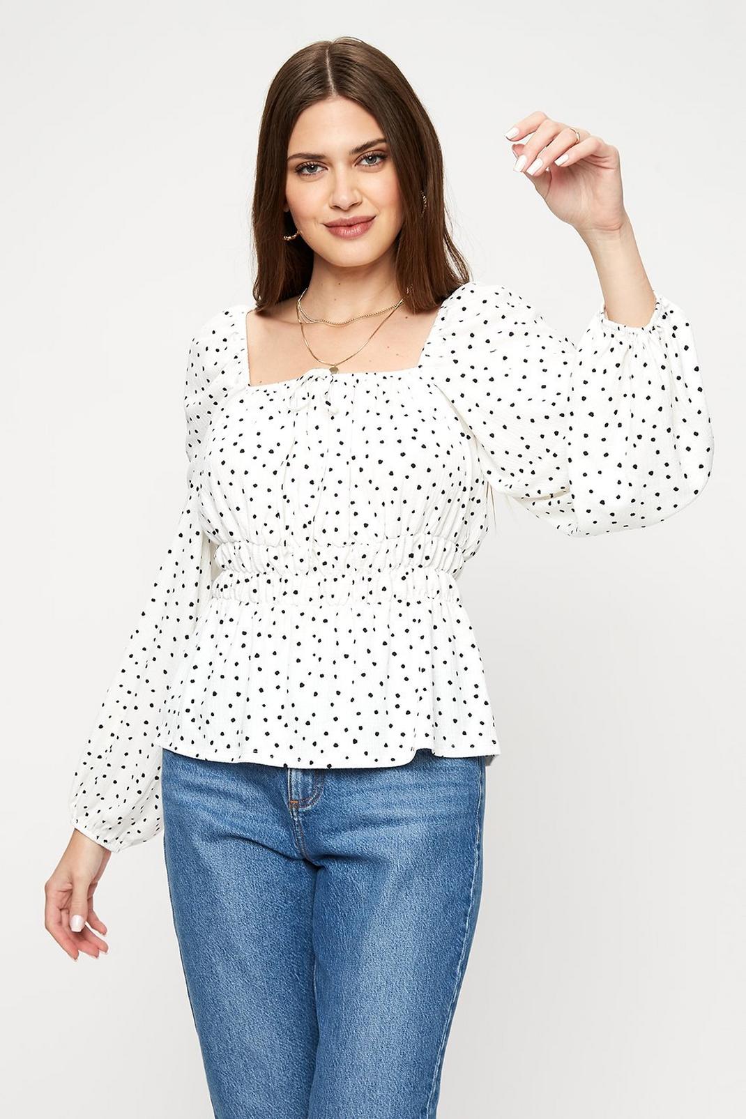 Tall White Spot Long Sleeve Shirred Top image number 1