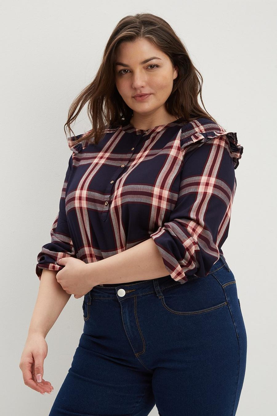 Curve Navy Pink Check Long Sleeve Frill Top
