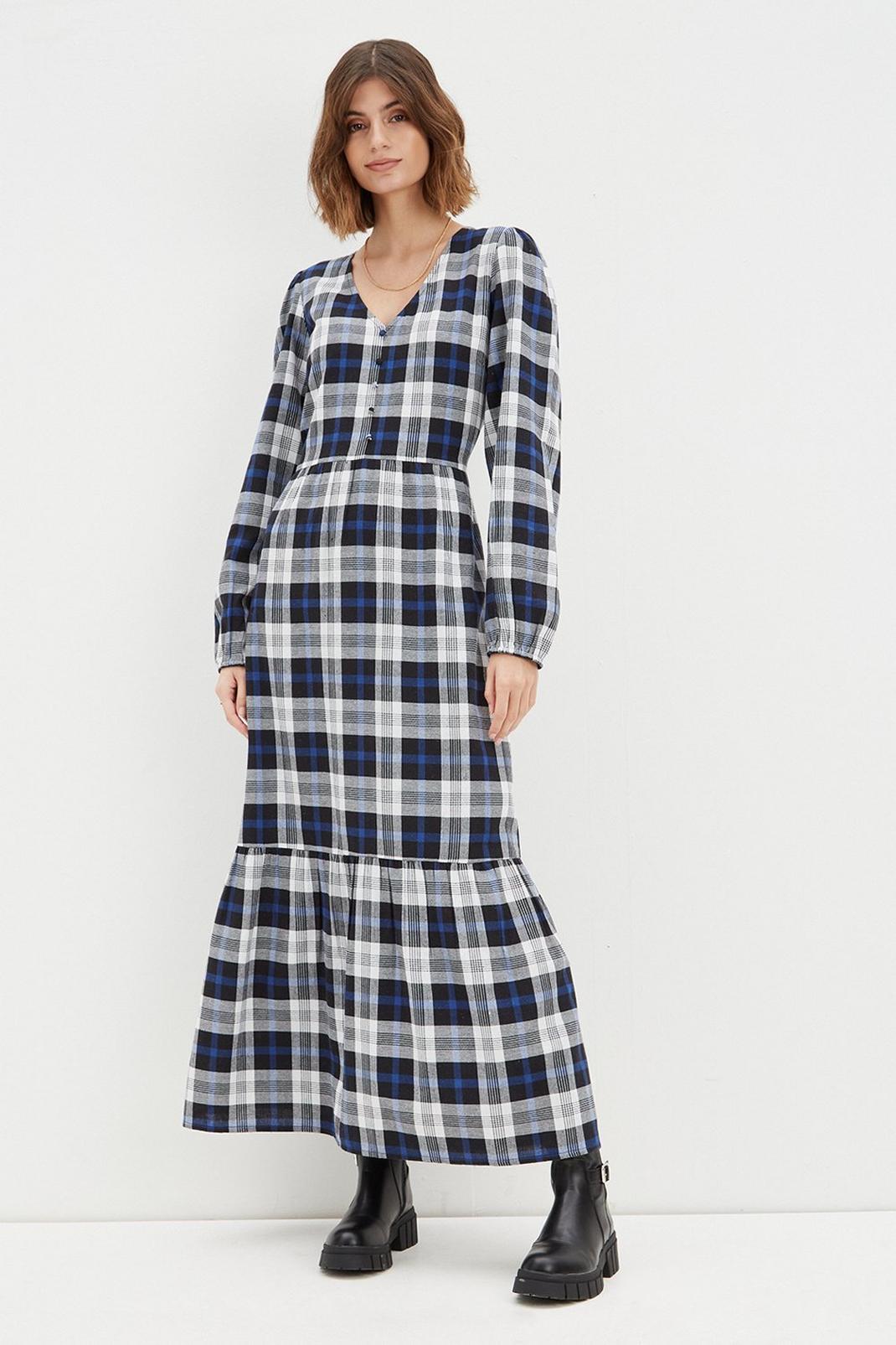 Tall Blue Check Long Sleeve Tiered Midaxi Dress image number 1