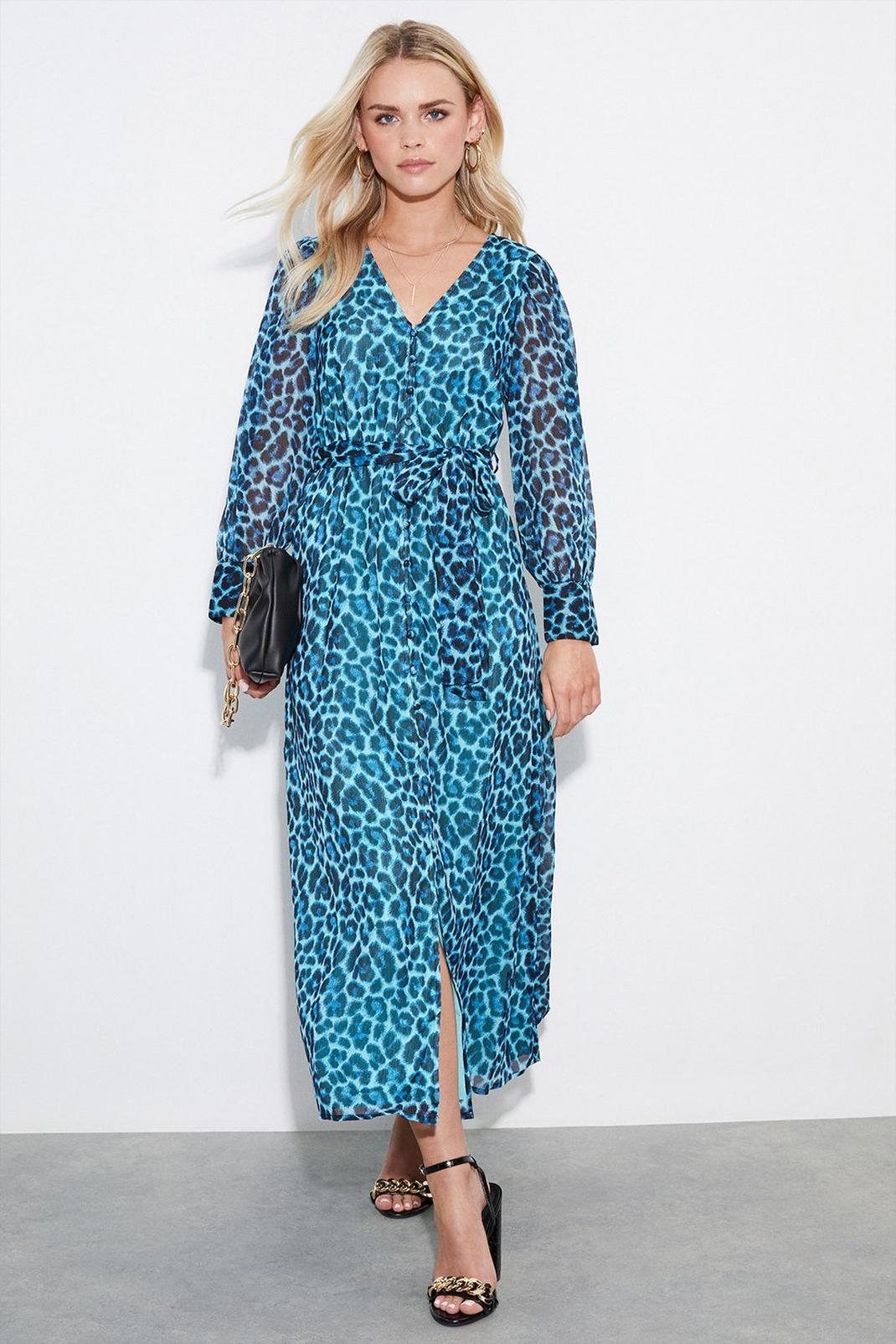 Petite Blue Leopard Print Tie Waist Midaxi Dress image number 1