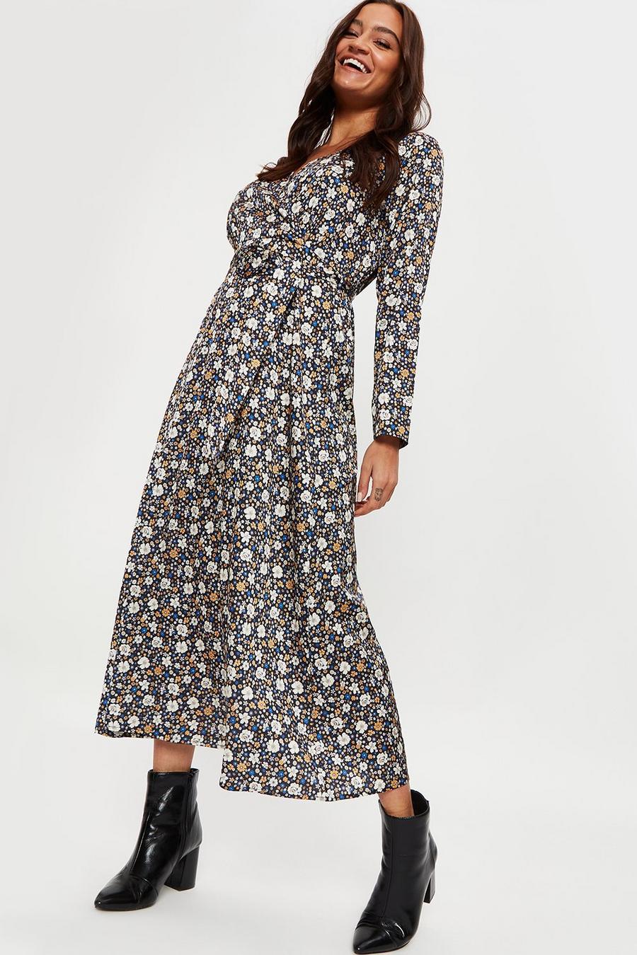 70s Ditsy Wrap Belted Midi Dress