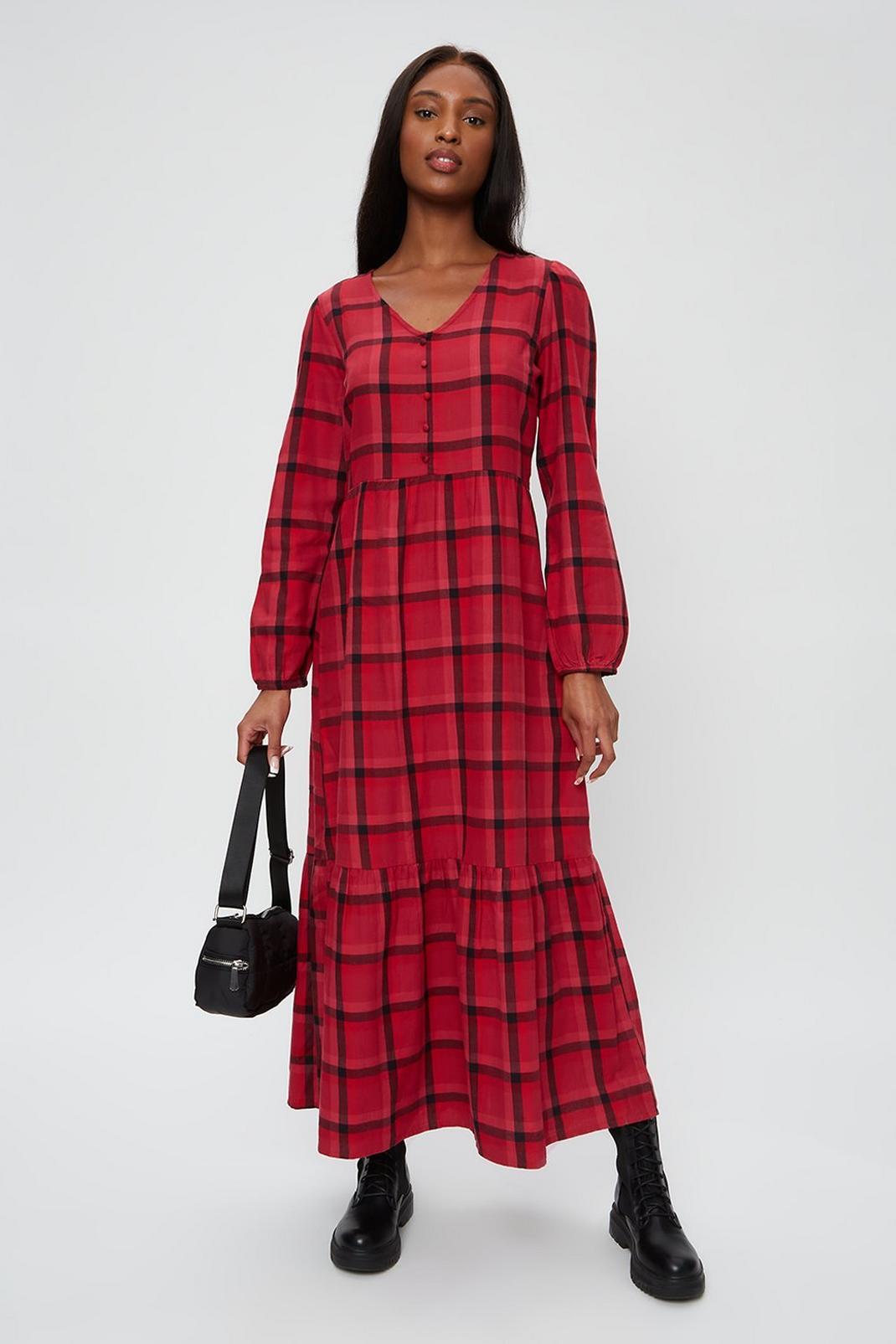 Berry Tall Red Check Tiered Midaxi Dress image number 1