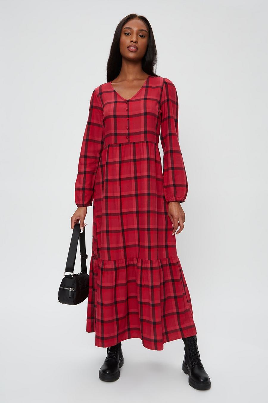 Tall Red Check Tiered Midaxi Dress